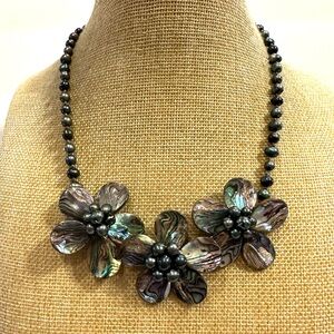Unique Gorgeous Abalone Flower Necklace w/ genuine dye peacock freshwater pearls